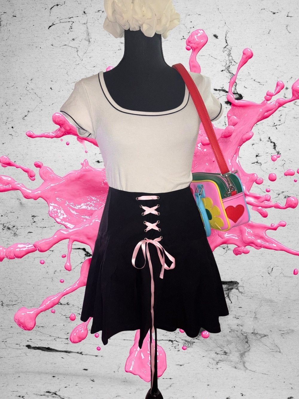 Sugar Thrillz Black Mini Skirt with Pink Lace-Up Ribbon